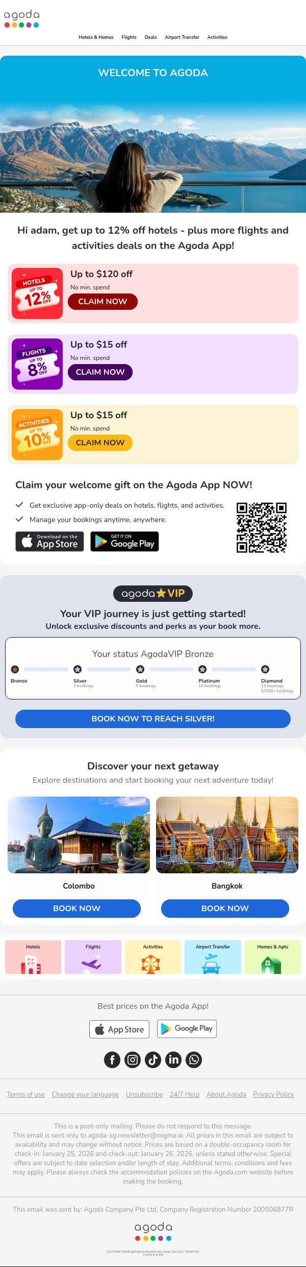 Your Agoda Welcome Gift: Up to 12% Off Your First Hotel Booking on App email from Agoda screenshot