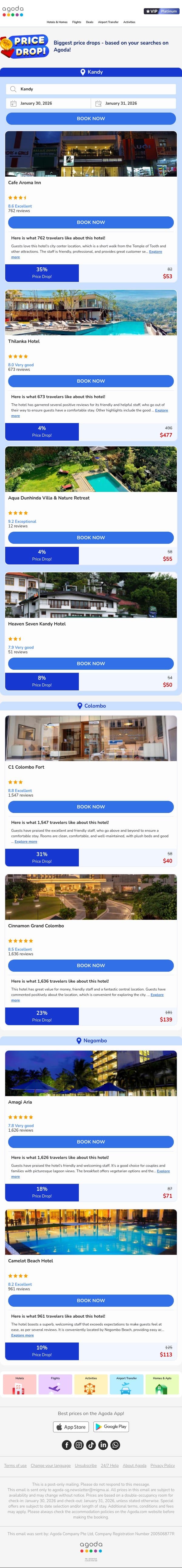 adam, top price drops in Kandy, selected for you! email from Agoda screenshot