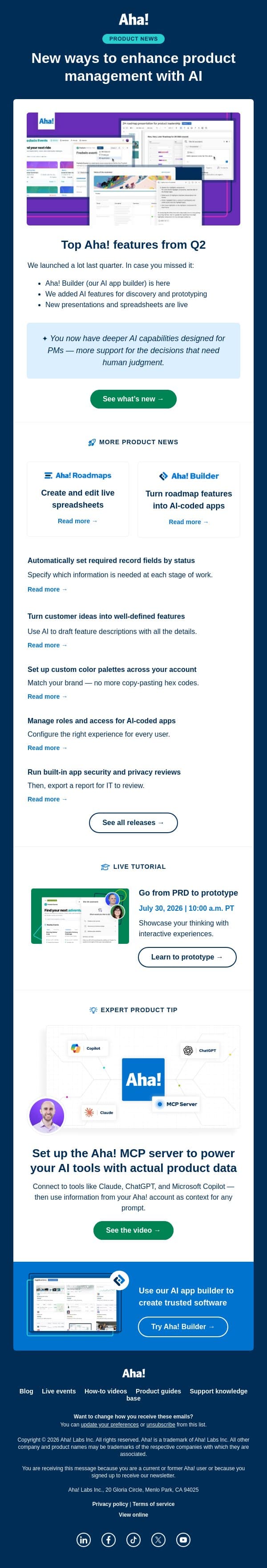 New AI app building features from Q2 email from Aha! screenshot
