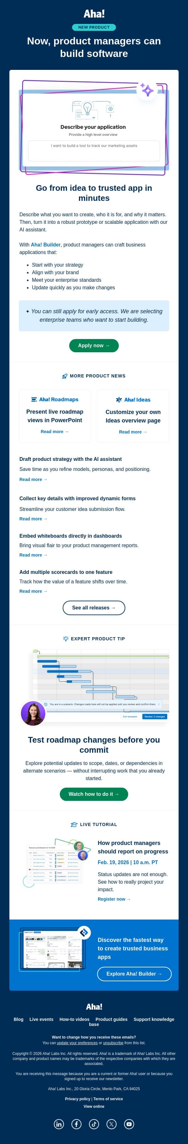 Aha! Builder — you can still apply for early access email from Aha! screenshot