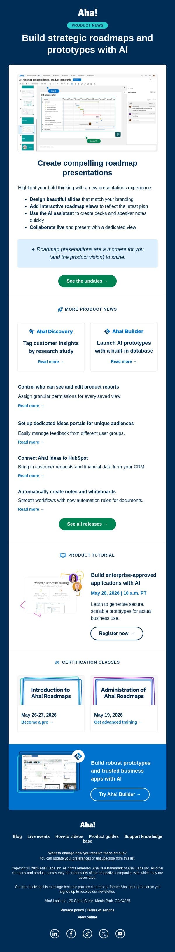 Present roadmap slides with live data email from Aha! screenshot