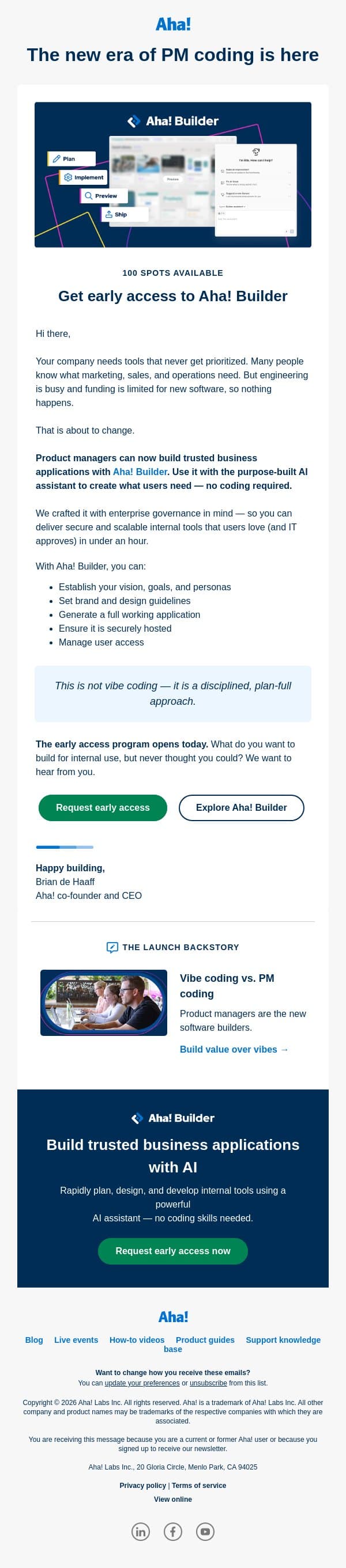 Just launched: New Aha! product for PM coding email from Aha! screenshot