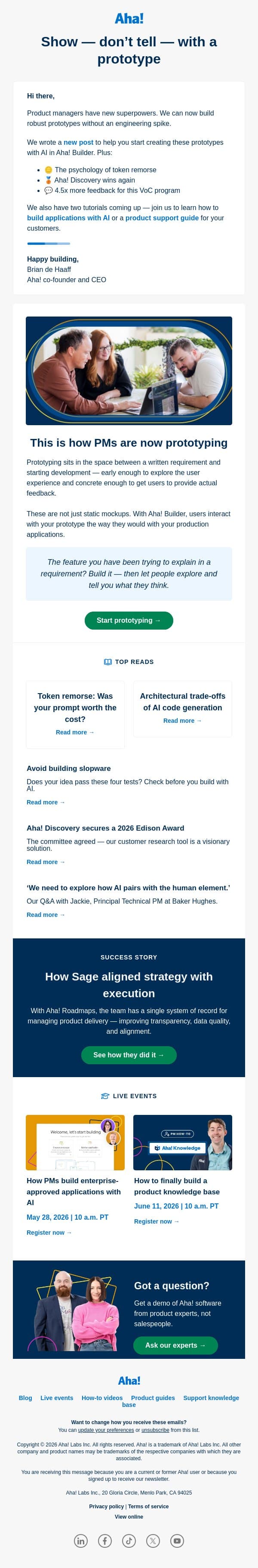 Engineers keep asking for a prototype email from Aha! screenshot