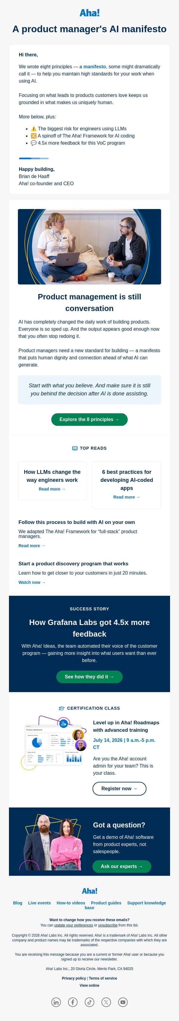 My new AI manifesto for product managers email from Aha! screenshot