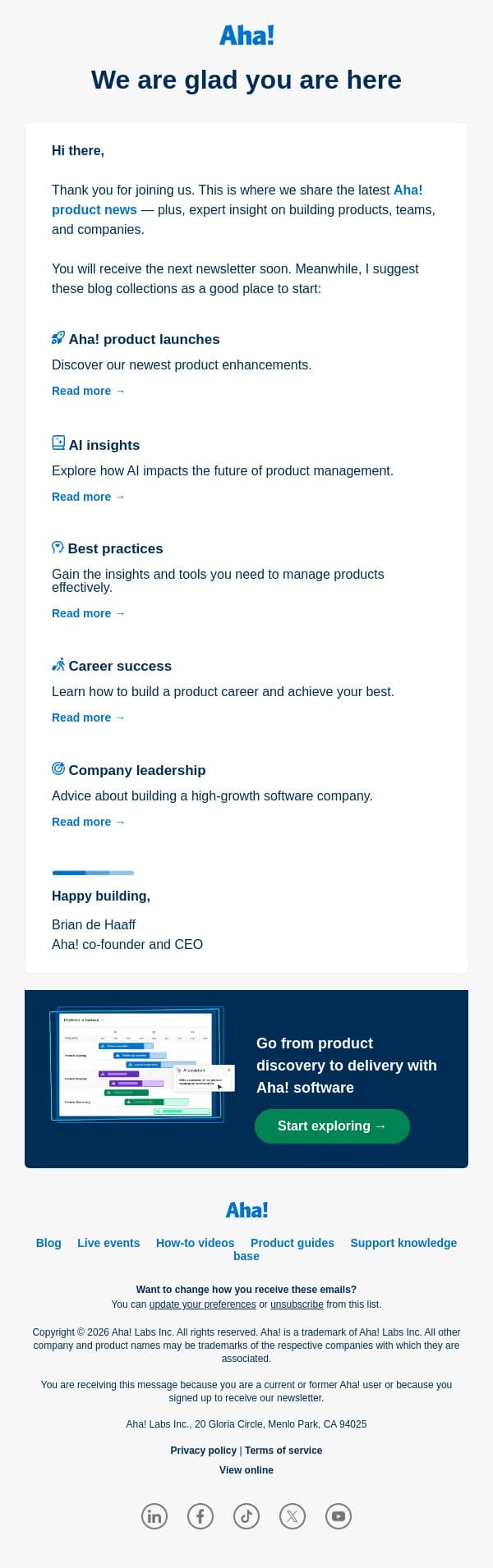 Welcome email from Aha! screenshot