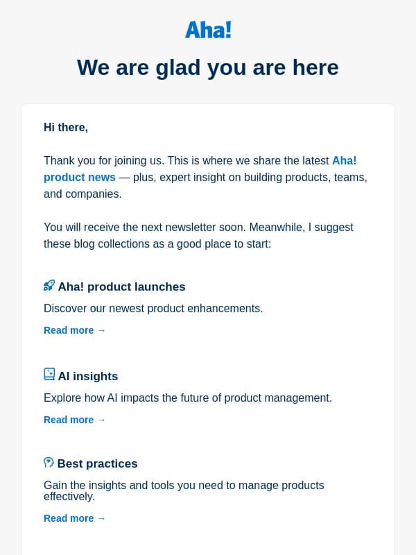 Welcome email from Aha!