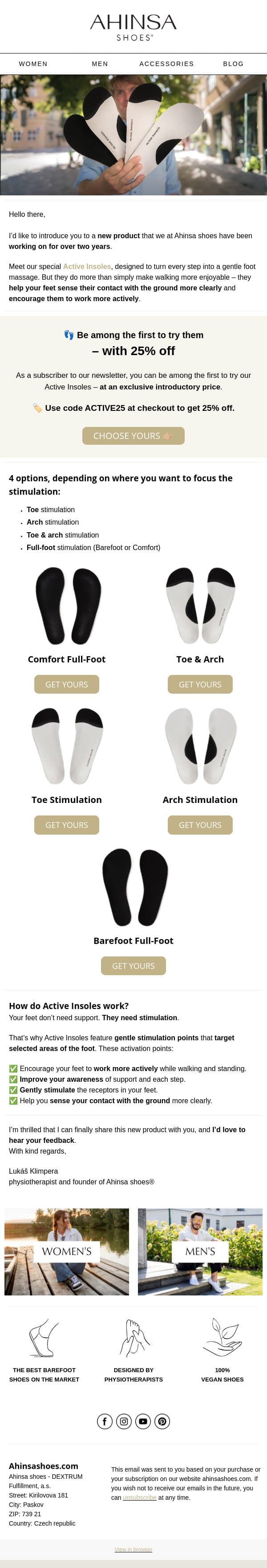 🔔 New In: Try Active Insoles with 25% off email from Ahinsa screenshot