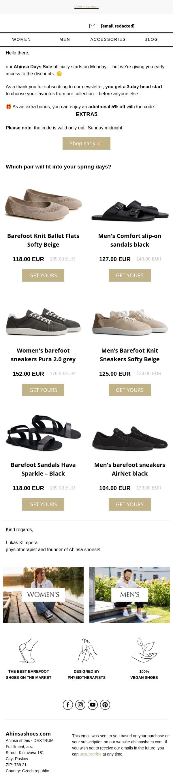 Just for you: Early access to the sale + extra discount 🔥 email from Ahinsa screenshot