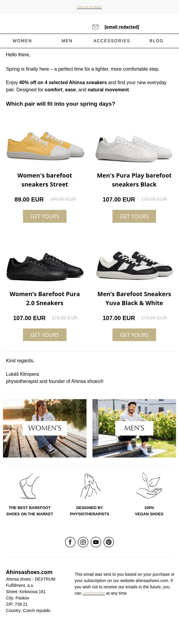 Bestselling Sneakers Now 40% OFF 👟 Step Into Spring in Comfort email from Ahinsa screenshot
