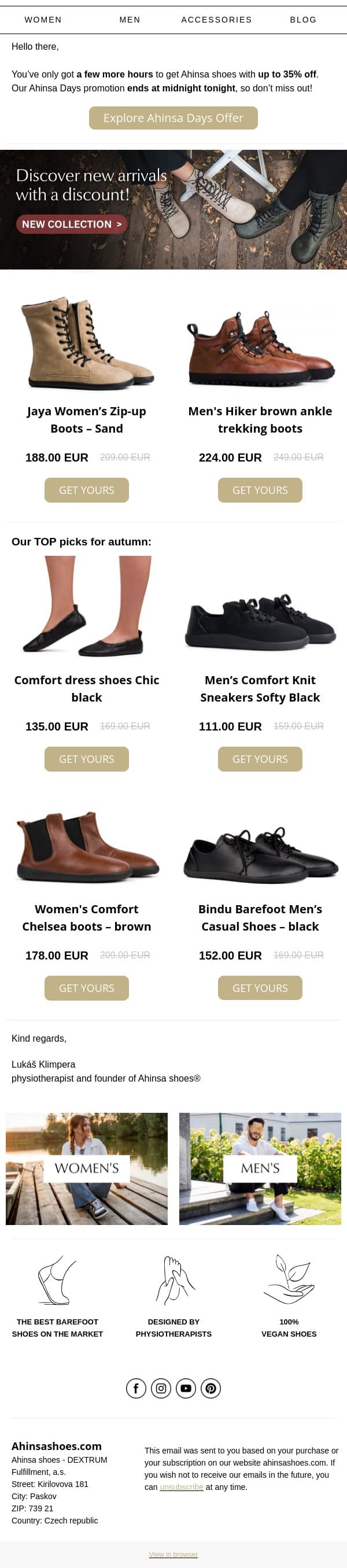 🔔 Last Chance: Up to 35% Off Ends Today email from Ahinsa screenshot