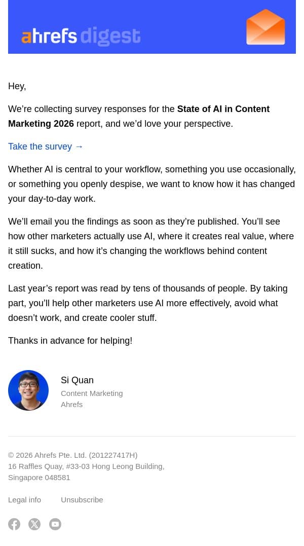 How does your AI use compare with other marketers? email from Ahrefs screenshot