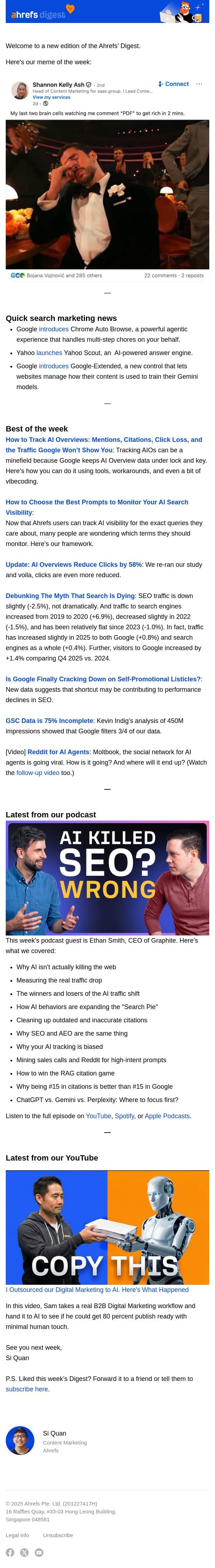 Ahrefs’ Digest #260: Tracking AIOs, choosing best prompts for tracking, and more email from Ahrefs screenshot