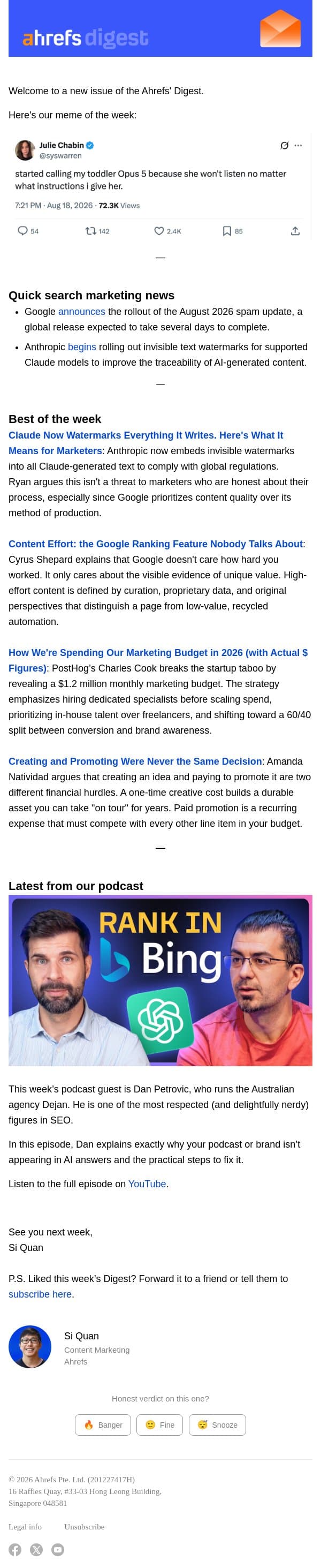 Ahrefs’ Digest #286: What Claude's AI watermarking means for marketers, and more email from Ahrefs screenshot