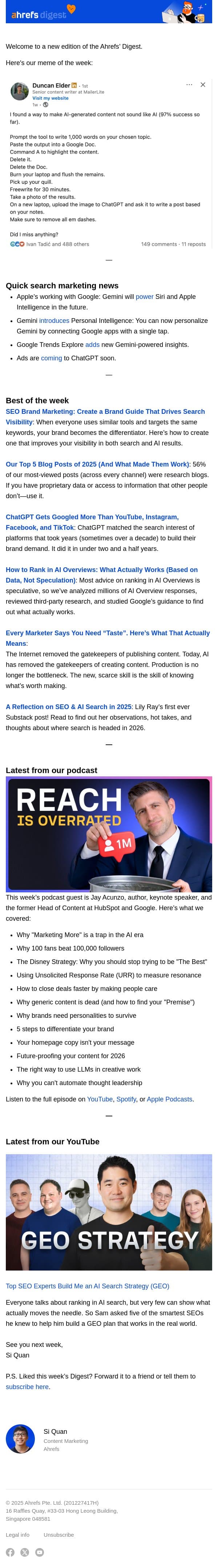 Ahrefs’ Digest #259: SEO brand marketing, how to rank on AI Overviews, and more email from Ahrefs screenshot