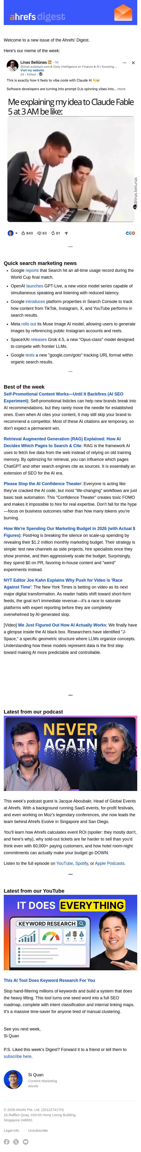Ahrefs’ Digest #280: Self-promotional content can backfire, RAG, and more email from Ahrefs screenshot