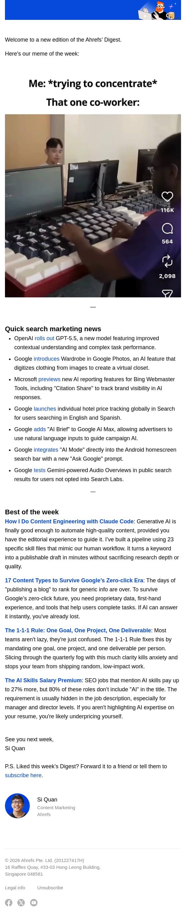 Ahrefs’ Digest #270: How we do content engineering with Claude Code, and more email from Ahrefs screenshot