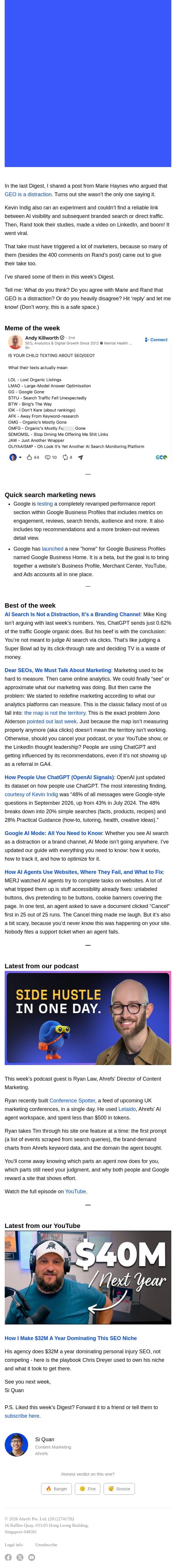 Ahrefs’ Digest #294: Is GEO a distraction? email from Ahrefs screenshot
