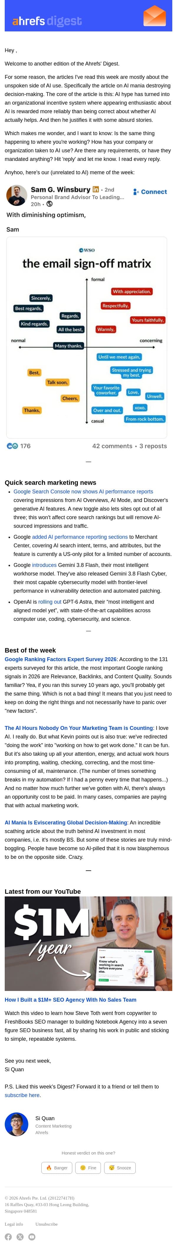 Ahrefs’ Digest #289: Google ranking factors, AI mania, and more email from Ahrefs screenshot