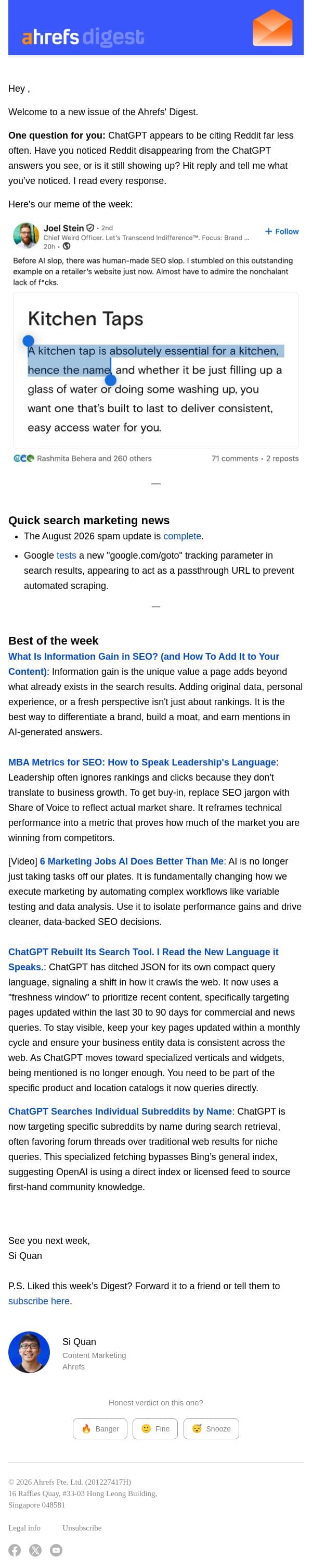 Ahrefs’ Digest #287: Information gain, MBA metrics for SEO, and more email from Ahrefs screenshot