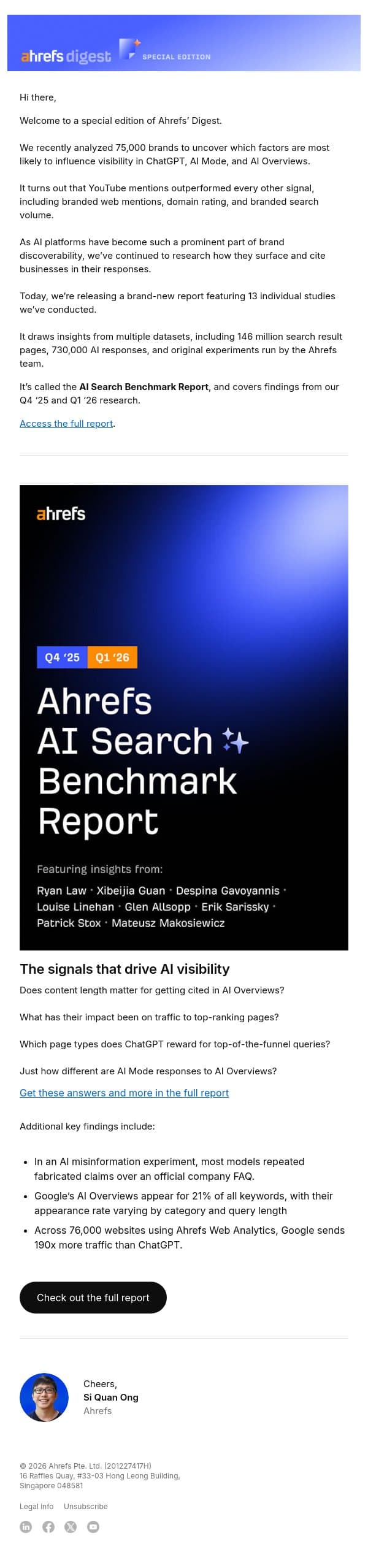 Ahrefs' Digest #274: What 75,000 brands taught us about AI search visibility (new report) email from Ahrefs screenshot