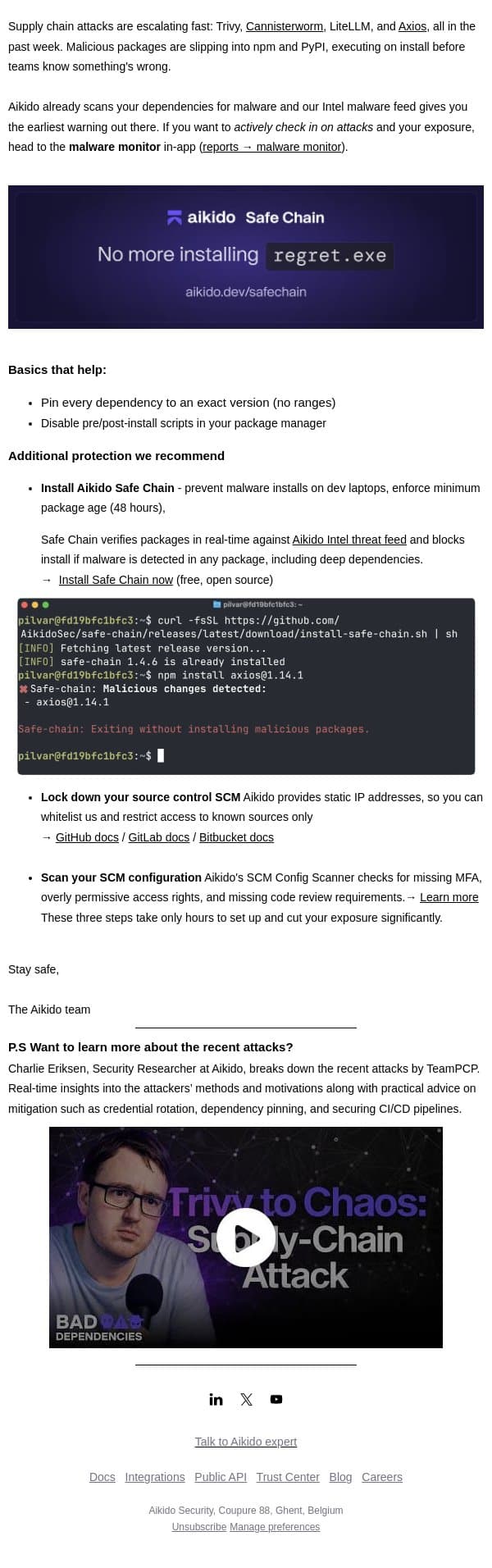 Supply chain attacks are spiking. Do these 3 things today email from Aikido screenshot