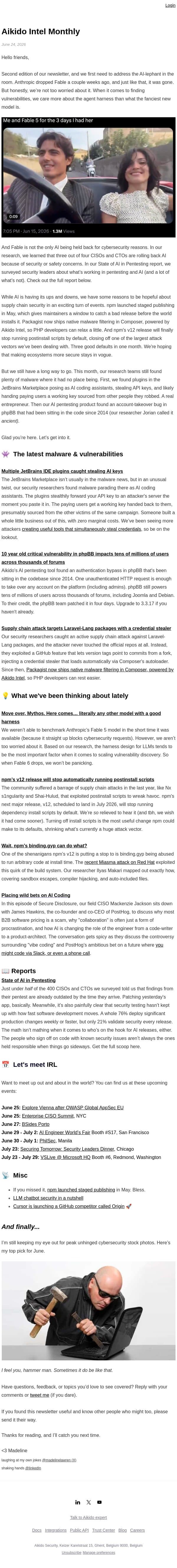 Intel Monthly: Fable’s visit, npm improvements, and stale pentests email from Aikido screenshot