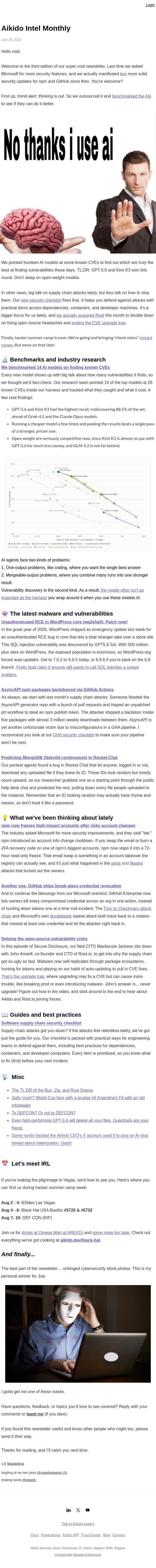 GPT-5.6 and Kimi K3 found more vulnerabilities than Grok-4.5 and Opus in benchmarks email from Aikido screenshot