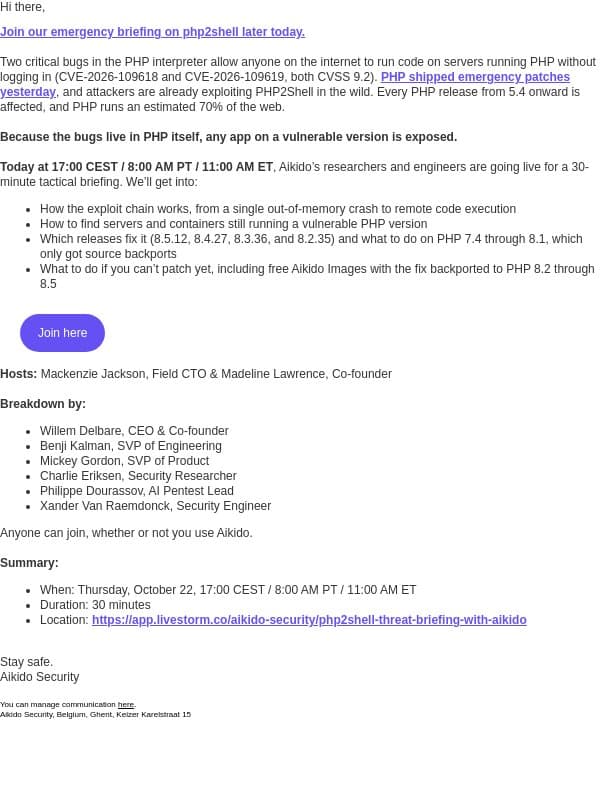 PHP2shell Live Briefing with Aikido | 5:00PM CEST email from Aikido screenshot