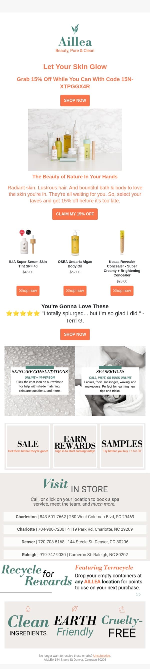 Tick Tock on 15% Off ⏰ email from Aillea screenshot