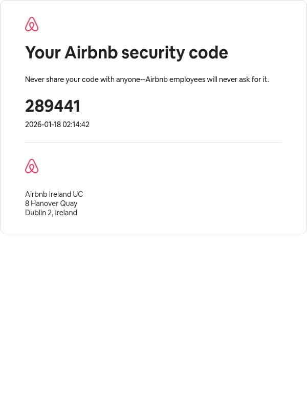 Your security code is 289441 email from Airbnb screenshot