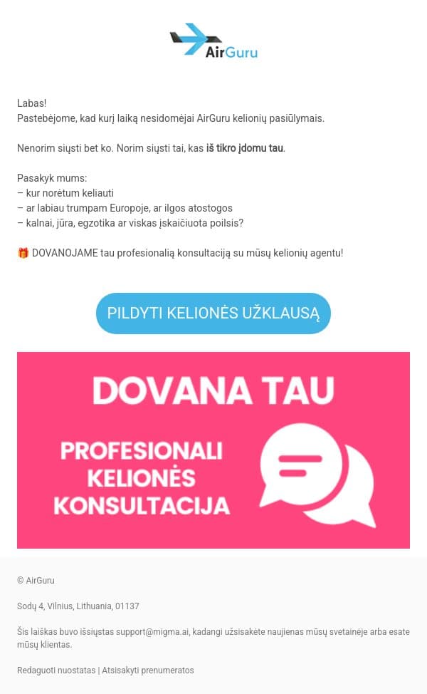 Turime tau pasiūlymą email from AirGuru screenshot