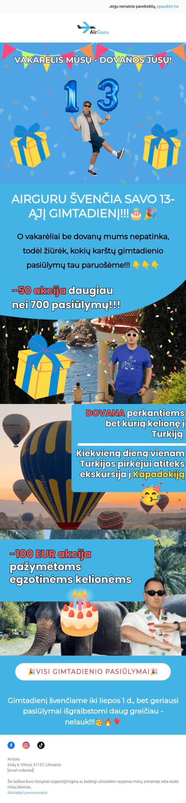 Ar atvyksi į gimtadienį?🎁 email from AirGuru screenshot