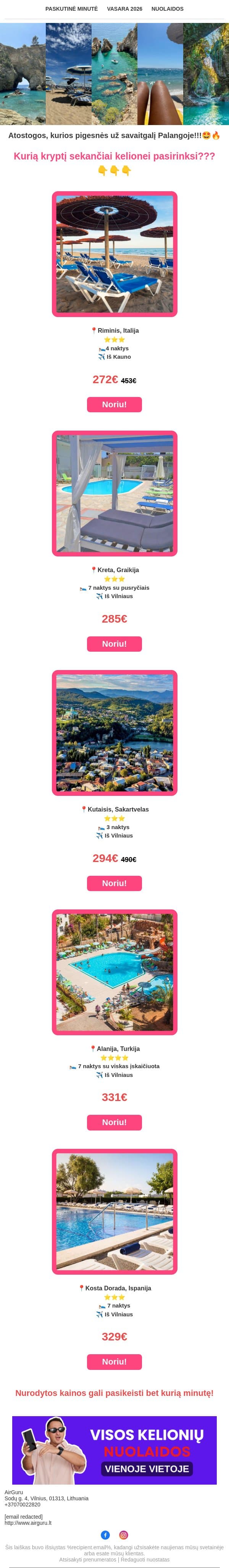 Kur atostogaut už 300 EUR? email from AirGuru screenshot