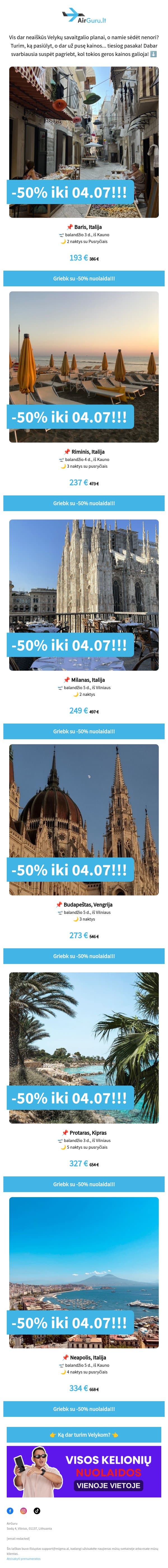Vis dar nėr planų Velykom? email from AirGuru screenshot
