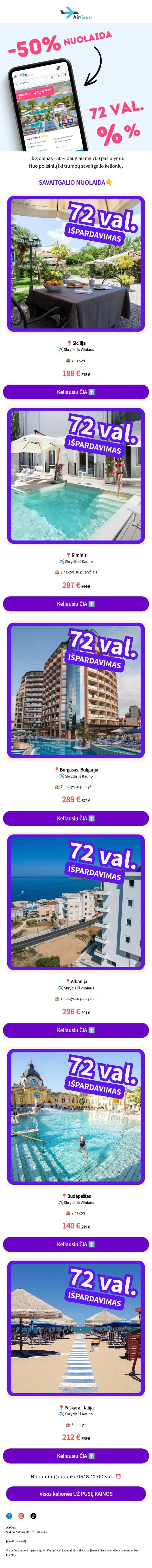 🚨 72 val. IŠPARDAVIMAS🚨 email from AirGuru screenshot