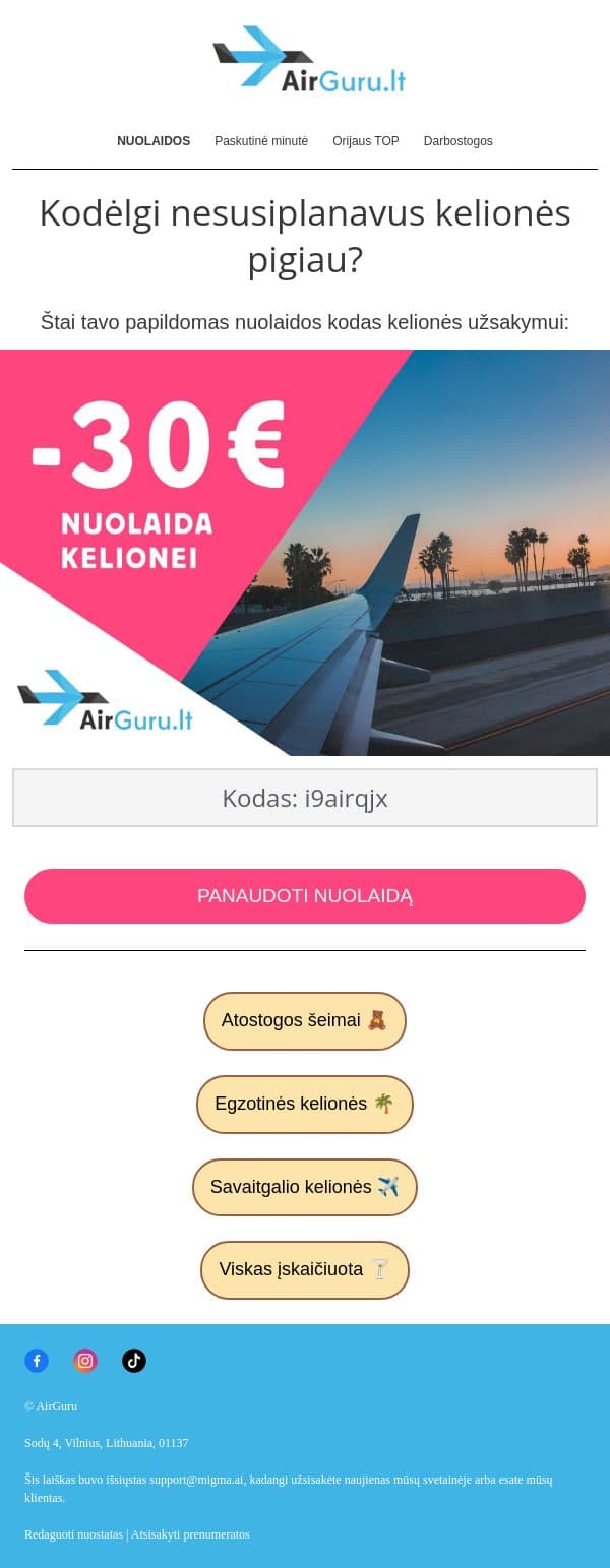 Primename apie nuolaidos kodą 💌 email from AirGuru screenshot