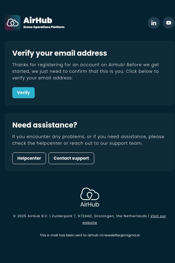 Email Verification email from Airhub screenshot