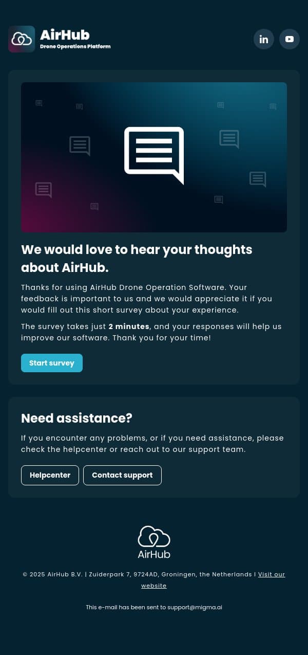 We Value Your Feedback on AirHub Drone Operation Software email from Airhub screenshot
