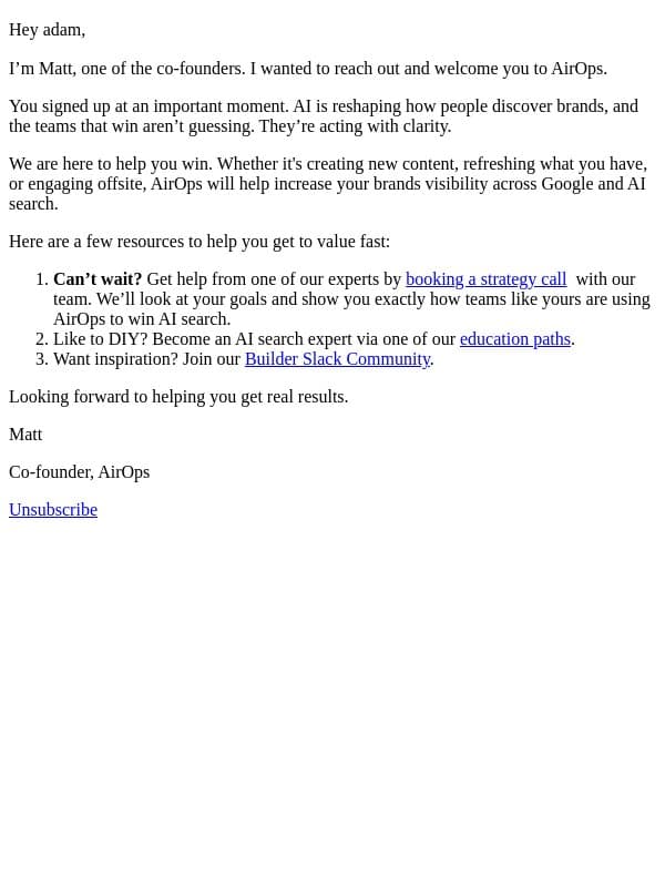 Welcome to AirOps! Let’s get you winning email from AirOps screenshot