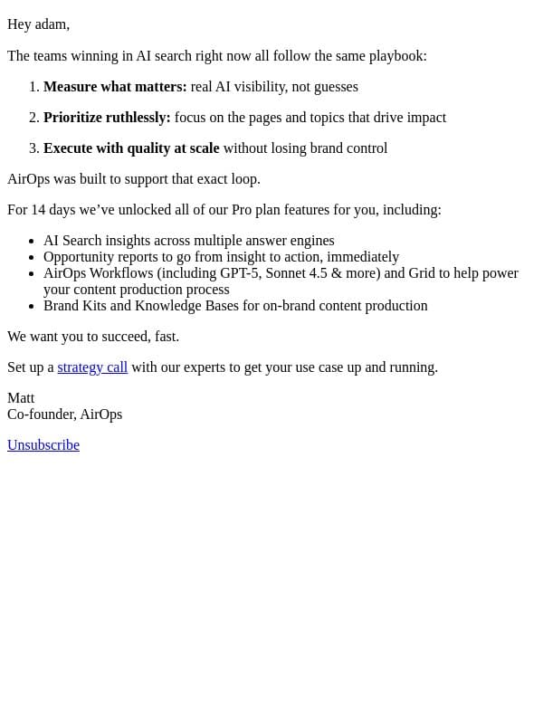14 days of AirOps Pro for free email from AirOps screenshot