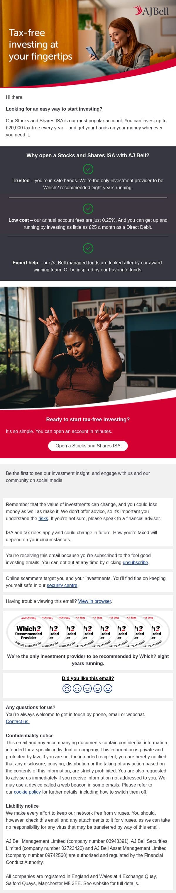 Our most-opened investment account email from AJ Bell screenshot