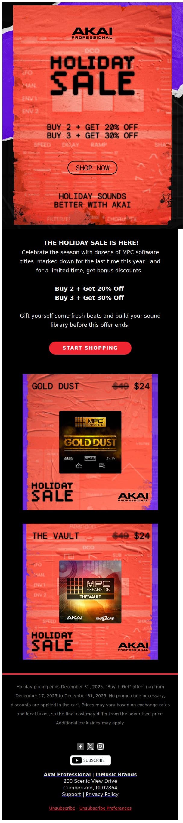 50% off MPC titles like Gold Dust, The Vault, & more email from Akaipro screenshot