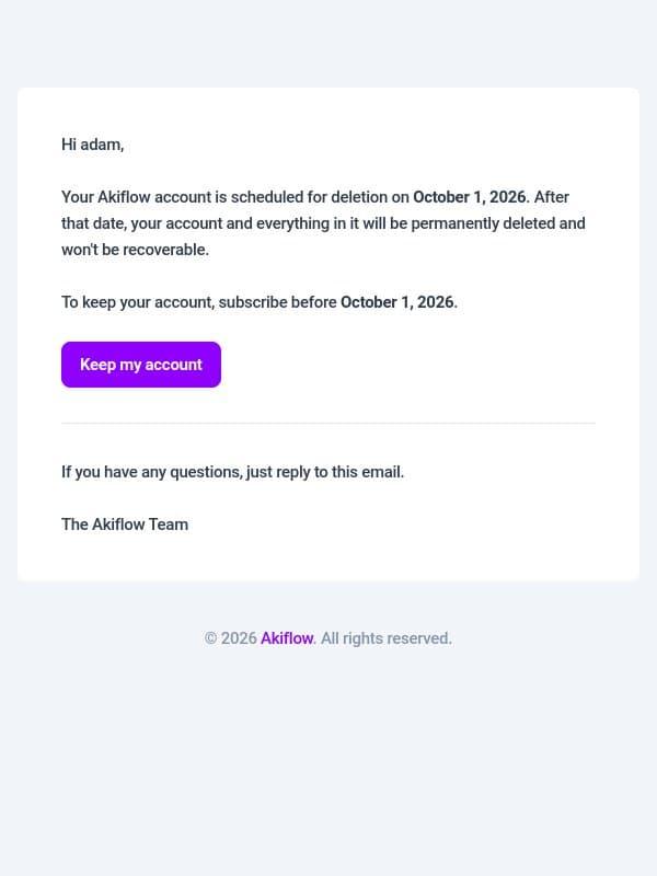 Your Akiflow account is scheduled for deletion email from Akiflow screenshot
