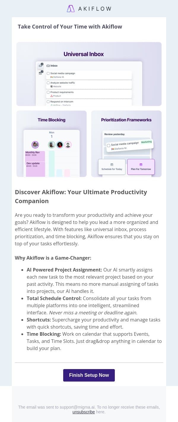 You're 2 minutes away from full productivity 🚀 email from Akiflow screenshot