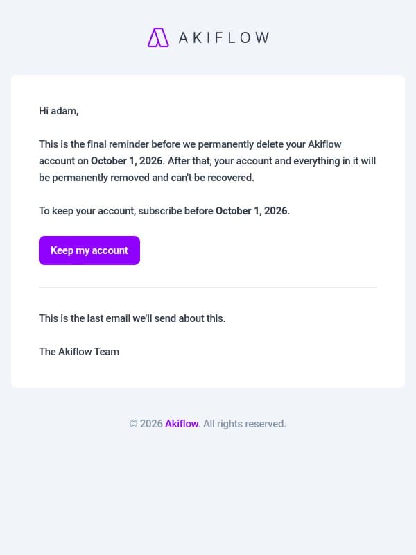 Final reminder: your Akiflow account will be deleted on October 1, 2026 email from Akiflow screenshot