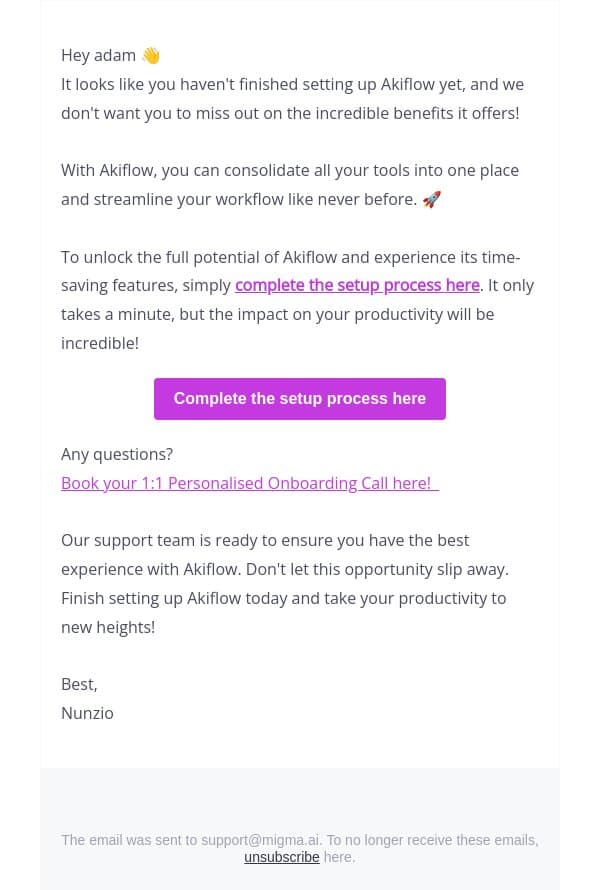 Don’t Miss Out on Akiflow’s Incredible Benefits – Finish Setting Up Today! email from Akiflow screenshot