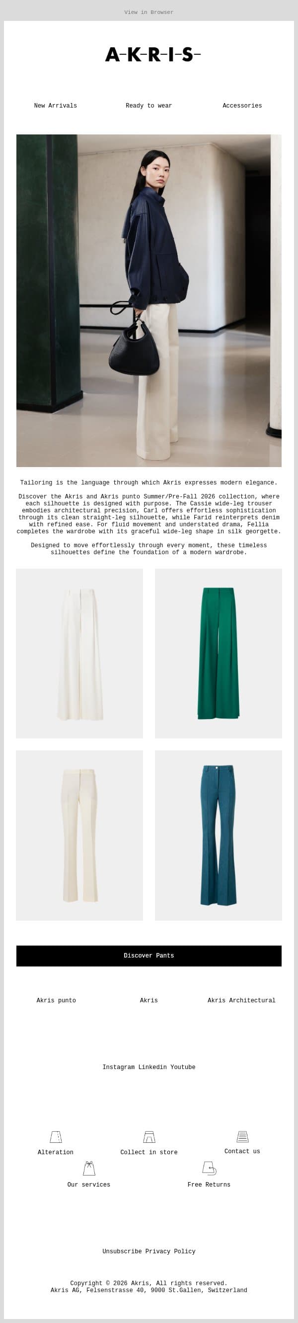 Pants: The Language of Tailoring email from Akris screenshot