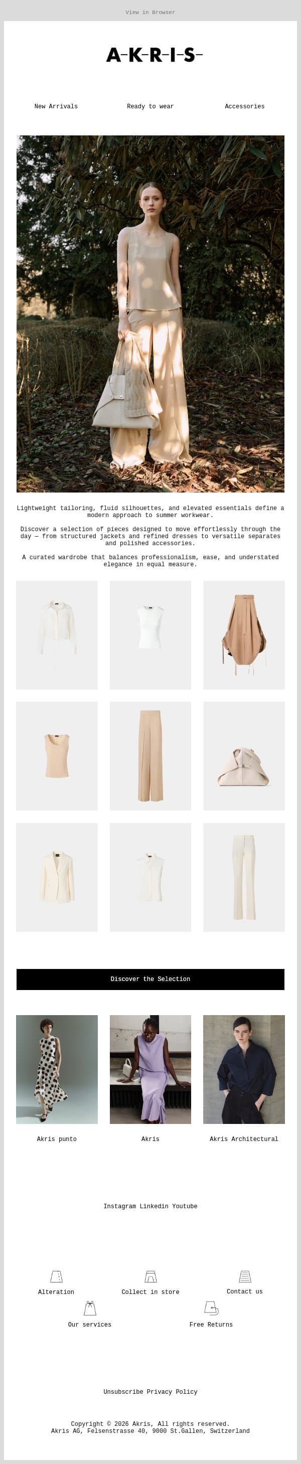 The Summer Workwear Edit email from Akris screenshot