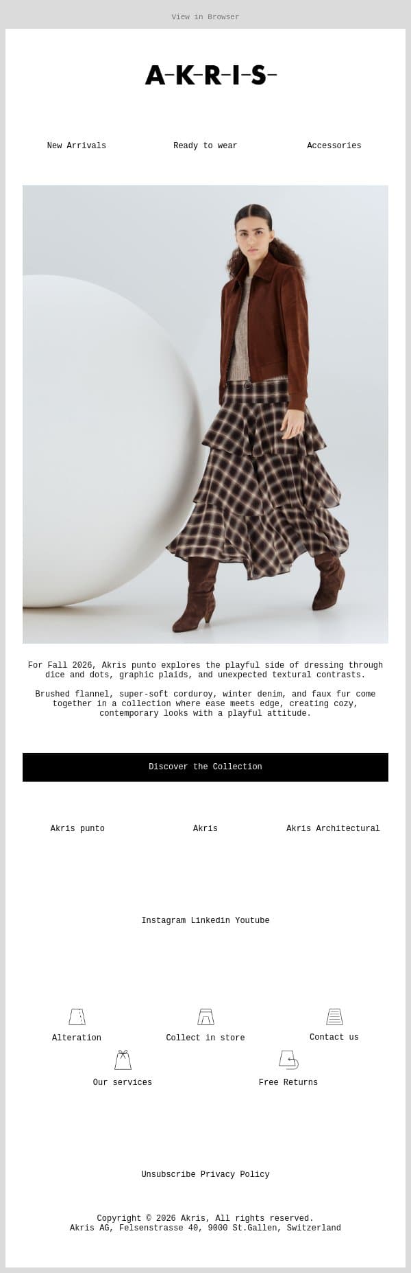 New in: Akris punto Fall 2026 email from Akris screenshot