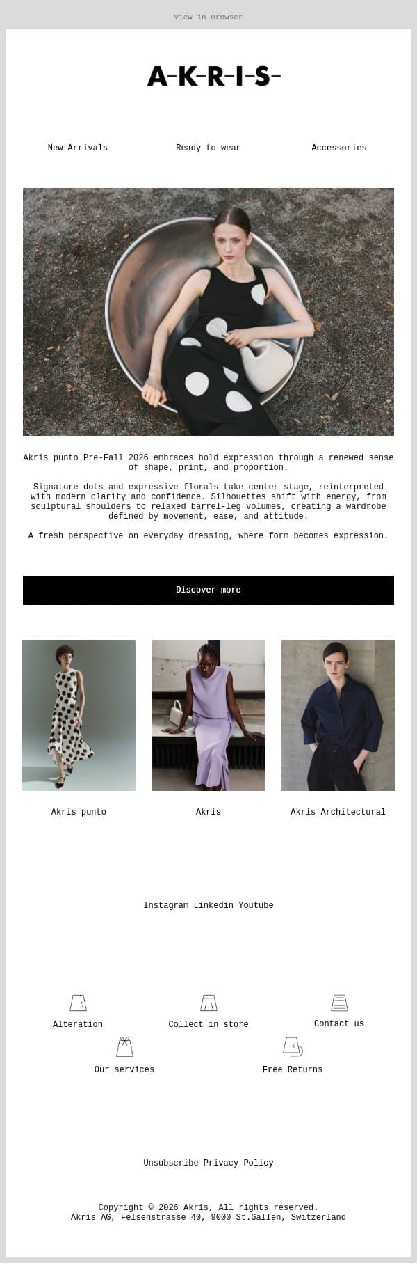 Akris punto PF26: Shape It. Spot It. Shift It. email from Akris screenshot